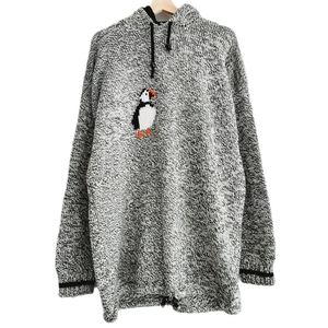 🍒 Hand-Knit Puffin Intarsia Sweater Top Hoodie Marled Grey Men's Sz XXL